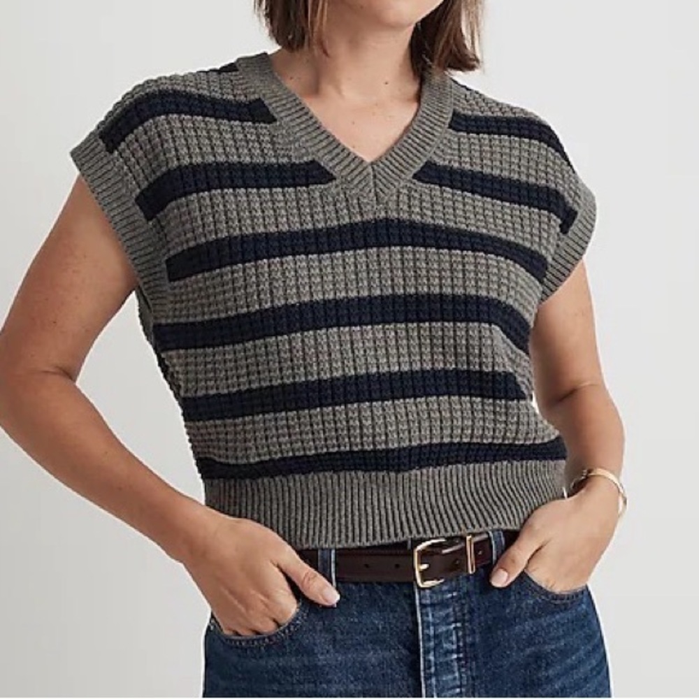 Madewell - Striped Waffle-Knit Sweater Vest Size M Navy Blue and Gray